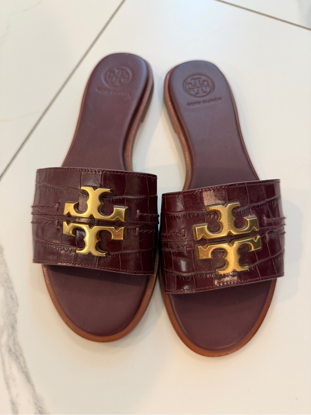 Tory Burch Burgundy Croc-Embossed Slide Sandals with Gold Logo